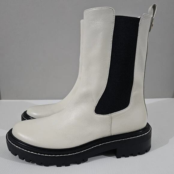 Tory Burch Benton Boot Womens 10.5 Ivory Black Leather Lug Sole Platform Chelsea - Picture 16 of 16